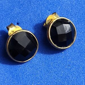 Best Silver New 18K Gold-Plated Sterling Silver Round Bezel Black Onyx Earrings